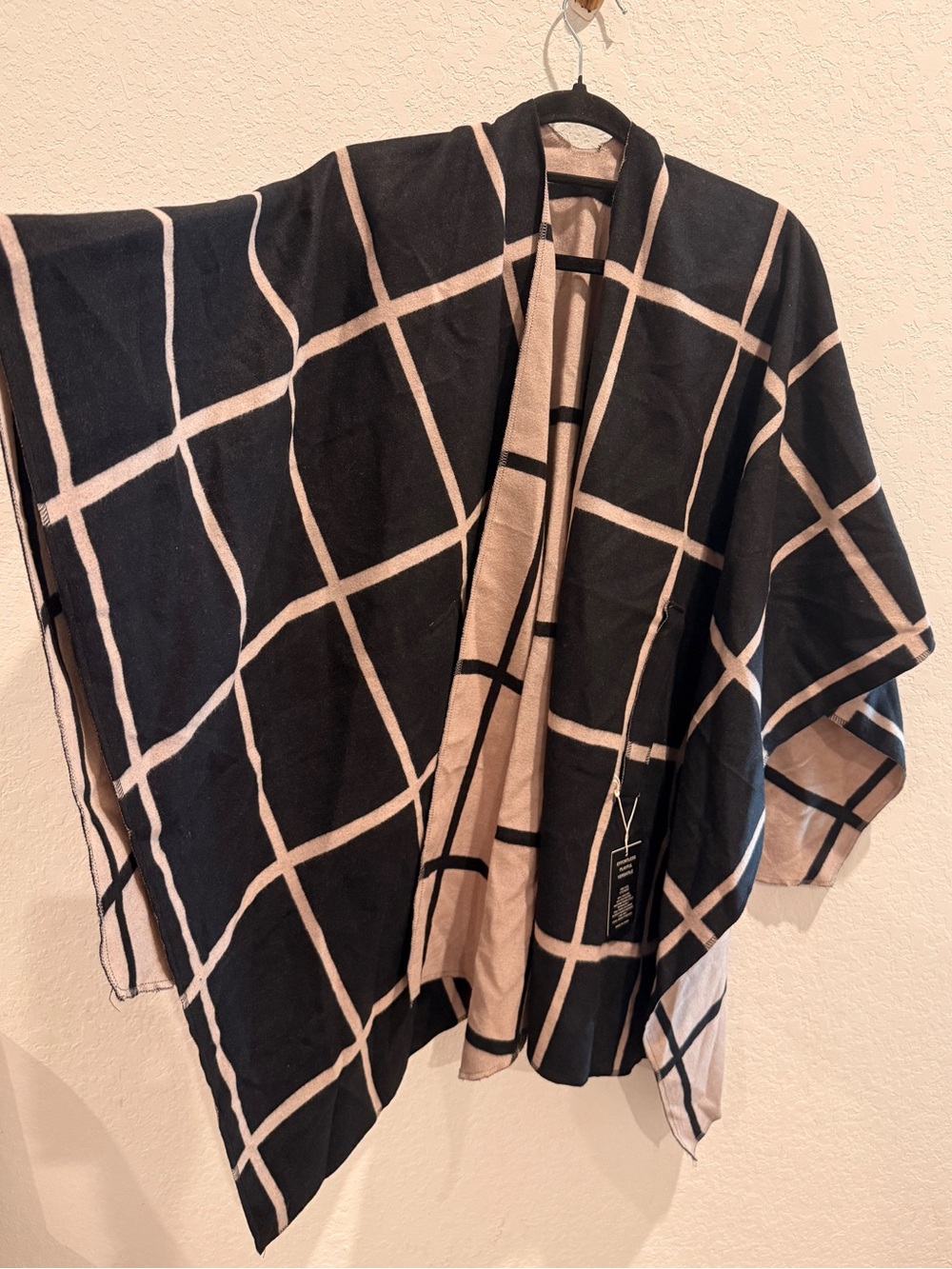 Two-Tone Black and Beige Grid Poncho Cape